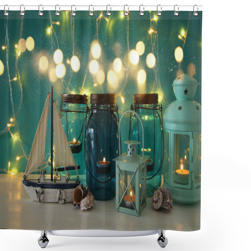 Personality  Magical Mason Jars Whith Candle Light And Wooden Boat On The Shelf. Nautical Concept. Shower Curtains