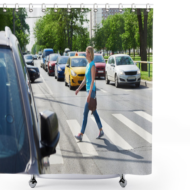 Personality  Woman Crossing Street At Pedestrian Crossing Shower Curtains