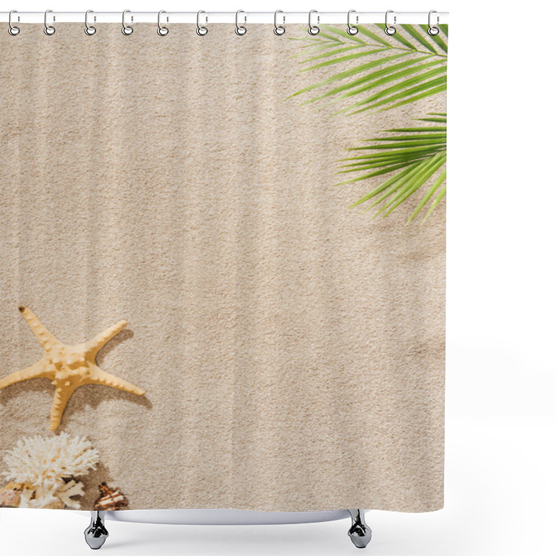 Personality  Top View Of Seashell, Coral And Starfish Lying On Sandy Beach With Palm Branch Shower Curtains