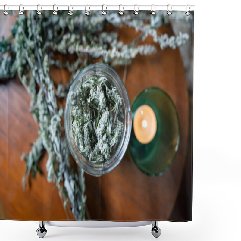 Personality  Harvested Mugwort In Jar For Healthy Tea Infusion On Round Wooden Table Inside Home. Boho Living And Alternative Health Shower Curtains