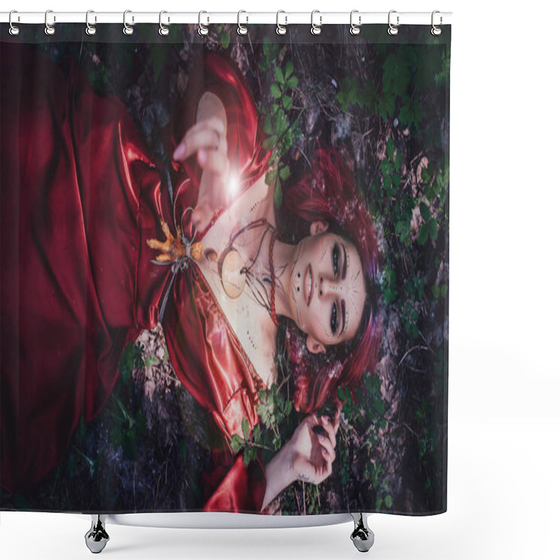 Personality  Girl In Red And Red Hair In The Form Of A Druid In Apple Trees Shower Curtains