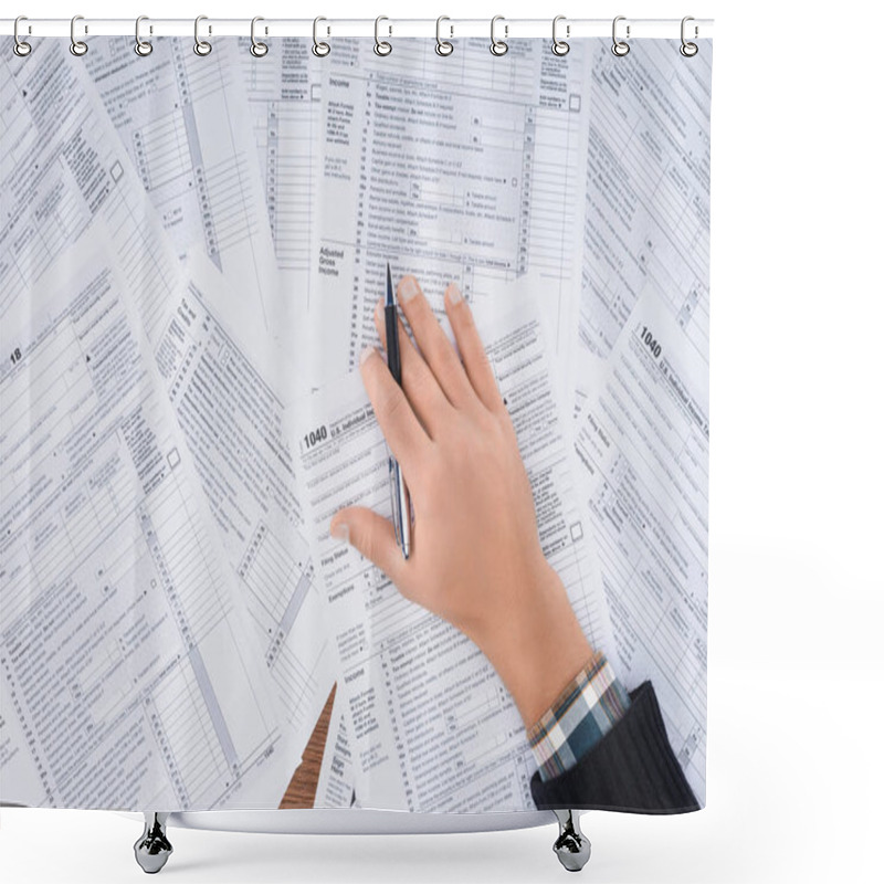 Personality  Cropped View Of Man Holding Pen And Filling Tax Forms With Copy Space Shower Curtains