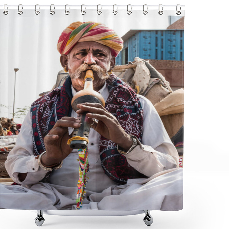 Personality  Bikaner, Rajasthan / India - January 2019 : Artists From Various Part Of Rajasthan Performing Folk Music At Bikaner Camel Festival Shower Curtains