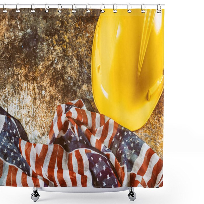 Personality  Happy Labor Day USA Patriotic, Yellow Hard Hat Construction Helmet USA Flag Over Wooden Deck Table Background. Shower Curtains