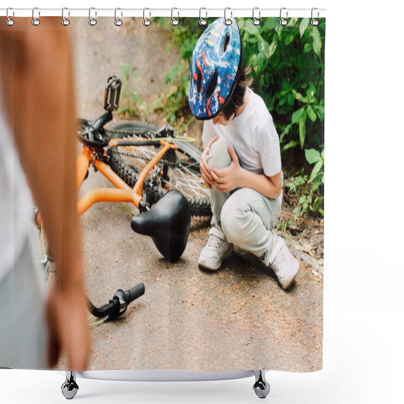 Personality  Selective Focus Of Boy Fell From Bicycle And Looking At Knee While Father Standing Near Son Shower Curtains