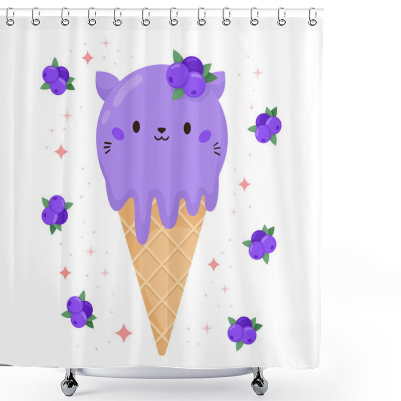 Personality  Kawaii Cat Ice Cream With Blueberry. Round Kitten In The Waffle Cone. Cartoon Food Dessert Bakery Product. Forest Berry. Vector Illustration. Shower Curtains