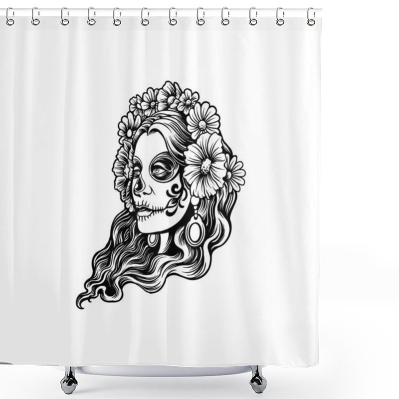 Personality  Woman Dia De Los Muertos Outline Vector Illustrations For Your Work Logo, Merchandise T-shirt, Stickers And Label Designs, Poster, Greeting Cards Advertising Business Company Or Brands Shower Curtains