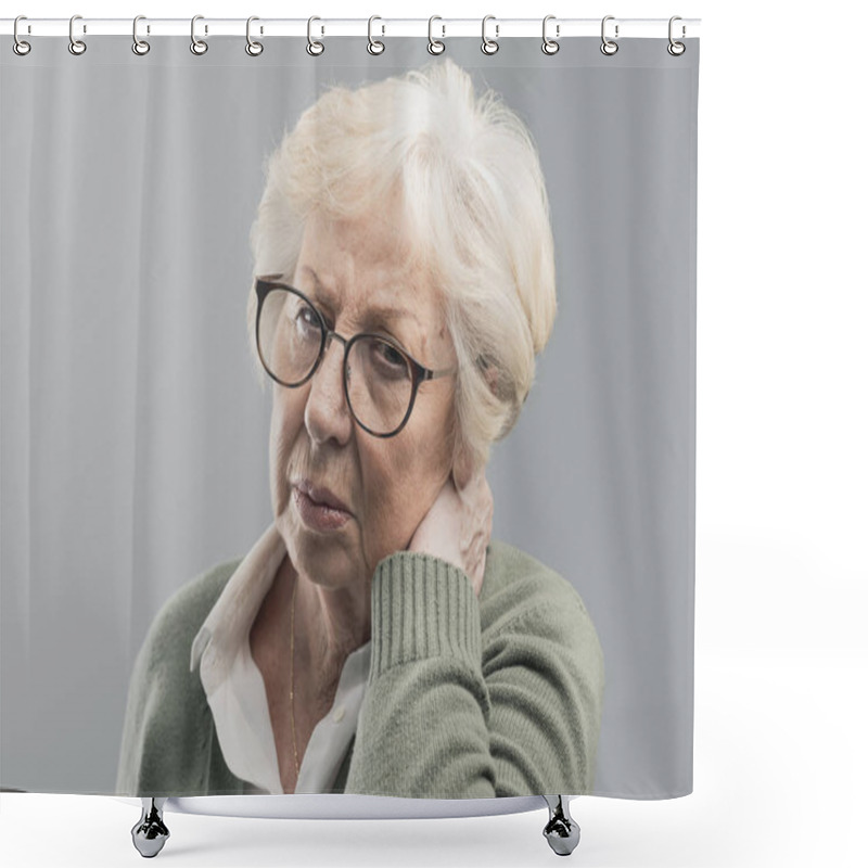 Personality  Old Lady Suffering With Neck Pain Shower Curtains