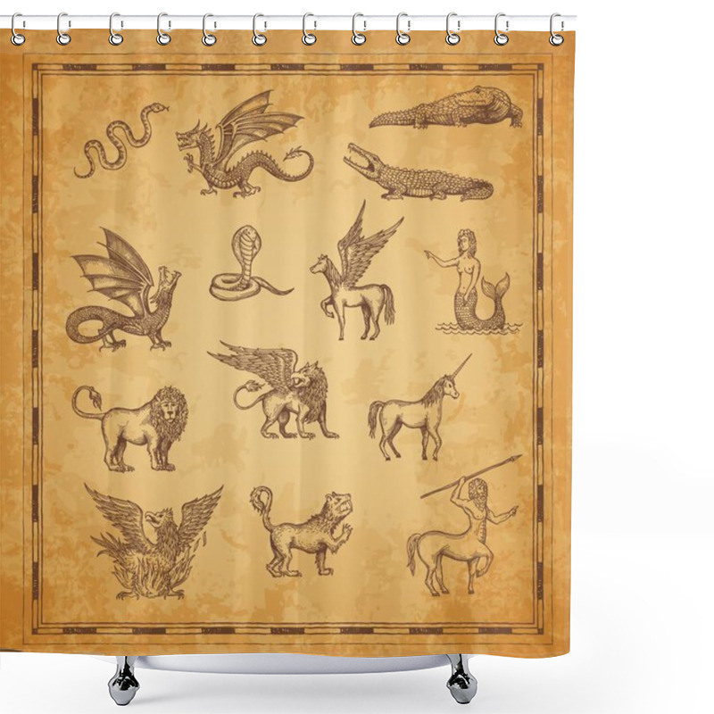 Personality  Vintage Map Characters Of Unicorn, Dragon And Pegasus, Minotaur, Lion, Mermaid And Crocodile, Snake, Griffin And Werewolf. Vector Sketches Of Mythology Animals And Monsters Of Ancient Treasure Map Shower Curtains