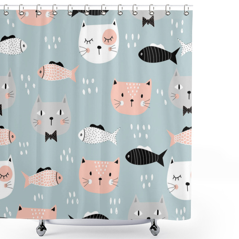 Personality  Seamless Pattern With Funny Kittens And Fish. Children's Illustration. For Printing On Children's Clothes. Hand-drawn. Shower Curtains