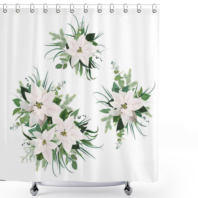 Personality  Vector Elegant White Poinsettia Flower, Christmas Spruce Tree Branches, Eucalyptus Greenery, Green Leaves, Berry Bouquet Set. Watercolor Style Botanical Holiday Illustration, Editable Designer Element Shower Curtains