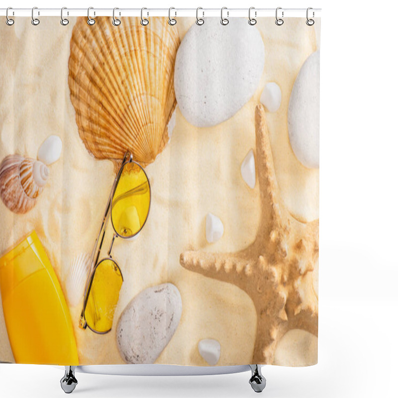 Personality  Top View Of Sunscreen And Sunglasses Near Starfish And Seashells On Sand Shower Curtains