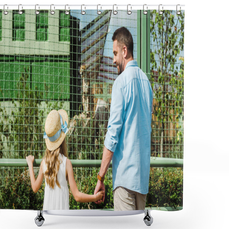 Personality  Cheerful Father Looking At Daughter While Holding Hands Near Cage In Zoo  Shower Curtains