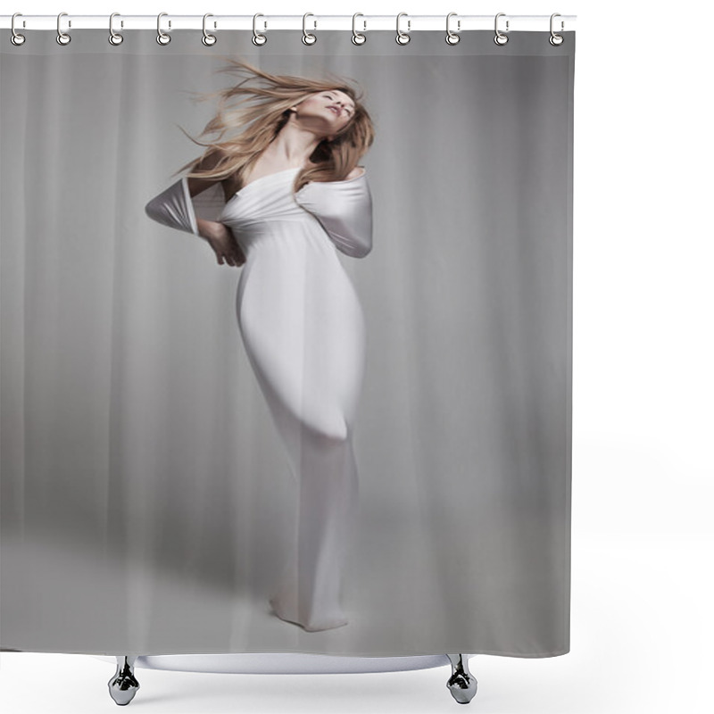 Personality  Graceful Mystical Young Woman In White Clothes Posing In Studio Shower Curtains