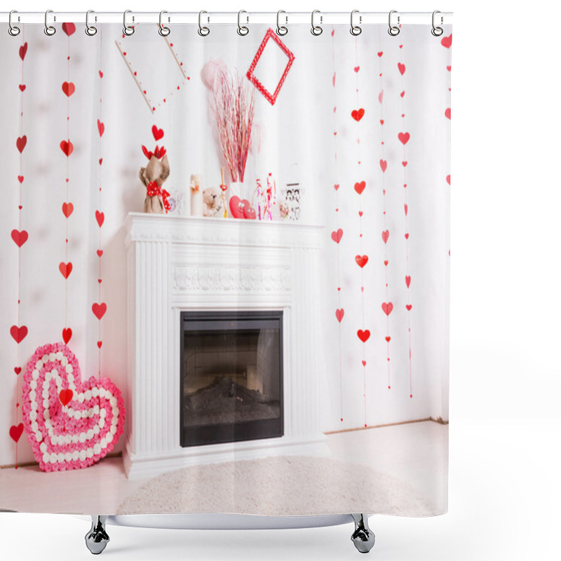 Personality  Fireplace Mantle Decorated For Valentines Day Shower Curtains