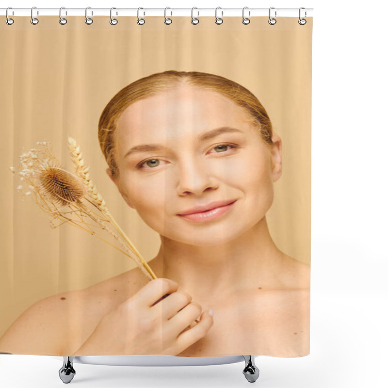 Personality  A Young Plus Size Woman Smiles Softly While Holding Delicate Dried Flowers. Shower Curtains