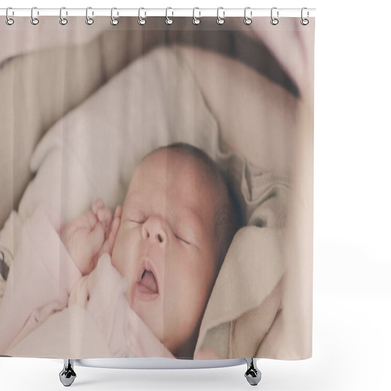 Personality  Yawning Newborn Baby Is Laying In The Crib Shower Curtains