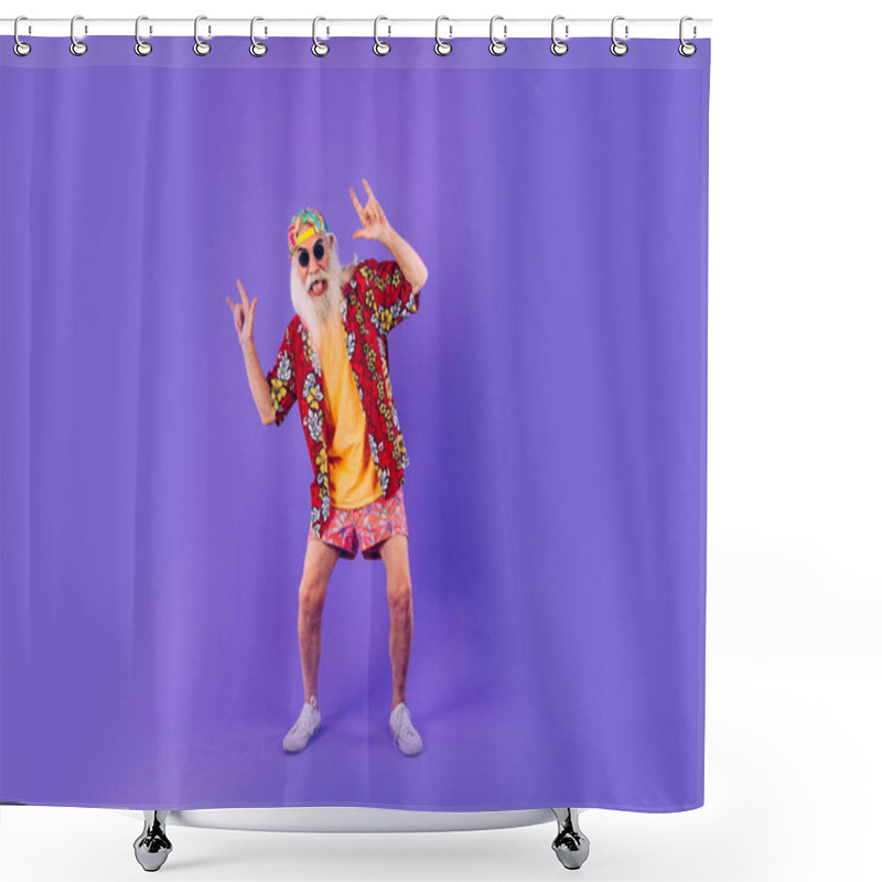 Personality  Senior Man With Eccentric Look  - 60 Years Old Man Having Fun, Portrait On Colored Background, Concepts About Youthful Senior People And Lifestyle Shower Curtains