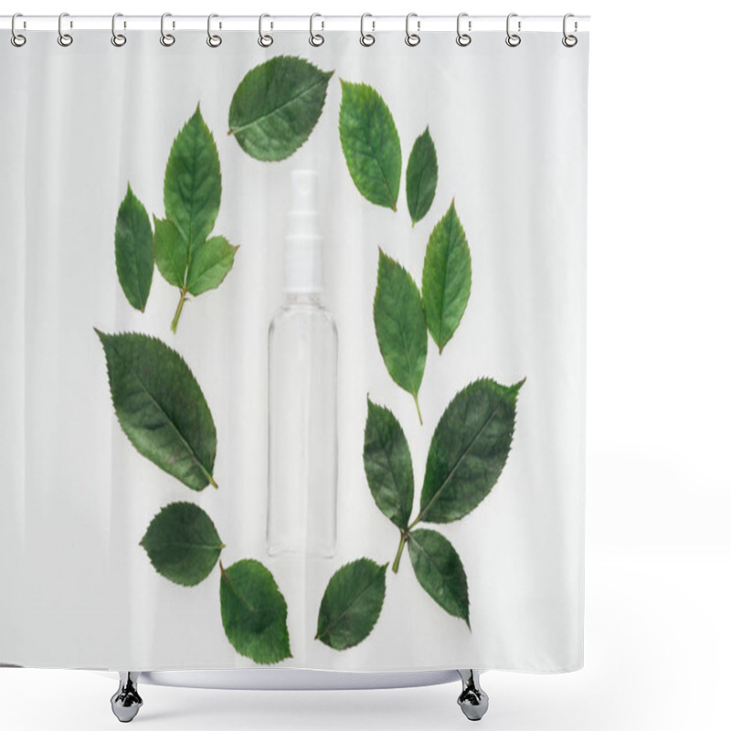 Personality  Top View Of Circular Composition With Green Leaves And Empty Spray Bottle Isolated On White Shower Curtains