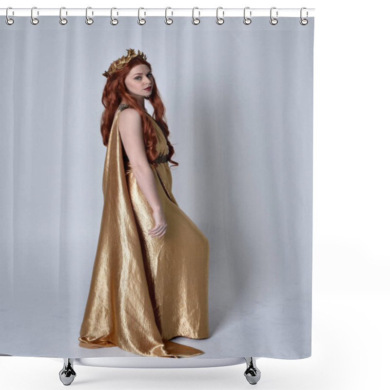 Personality  Full Length Portrait Of Girl With Red Hair Wearing Long Grecian Toga And Golden Wreath. Standing Pose With Back To The Camera,  Isolated Against A Grey Studio Background. Shower Curtains