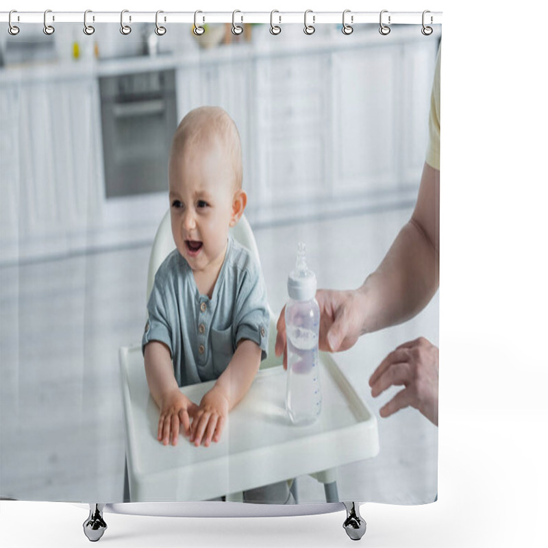 Personality  Baby Daughter Crying Near Father And Bottle On High Chair  Shower Curtains