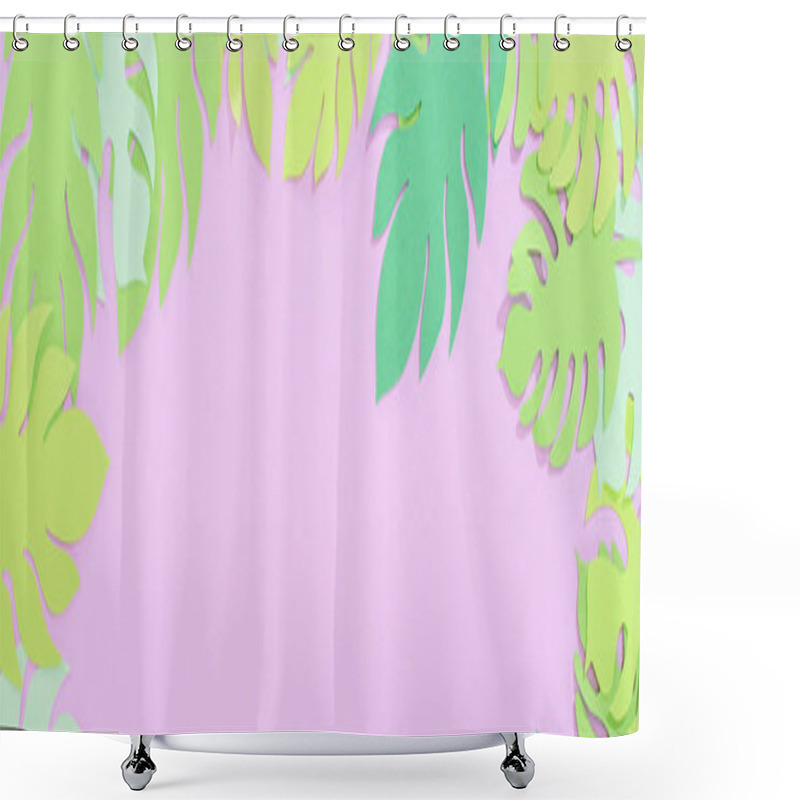 Personality  Top View Of Green Paper Cut Tropical Leaves On Violet Background With Copy Space, Panoramic Shot Shower Curtains