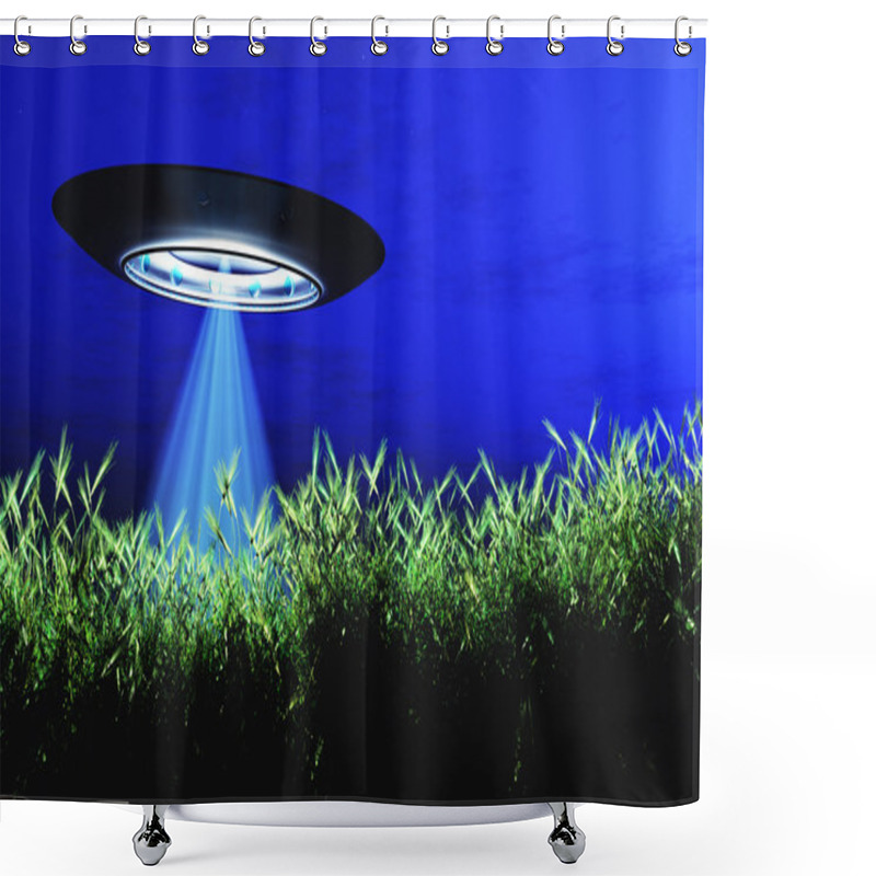 Personality  Ufo Flying On Earth At Night Over Field Shower Curtains