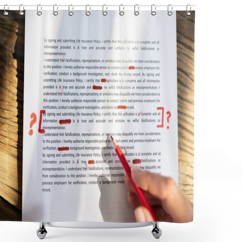 Personality  Close-up Of A Person's Hand Marking Error With Red Marker On Document Shower Curtains