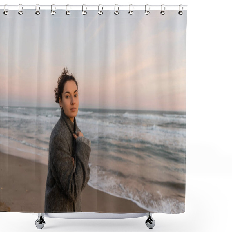 Personality  Young Woman Looking At Camera While Standing On Beach In Barcelona  Shower Curtains