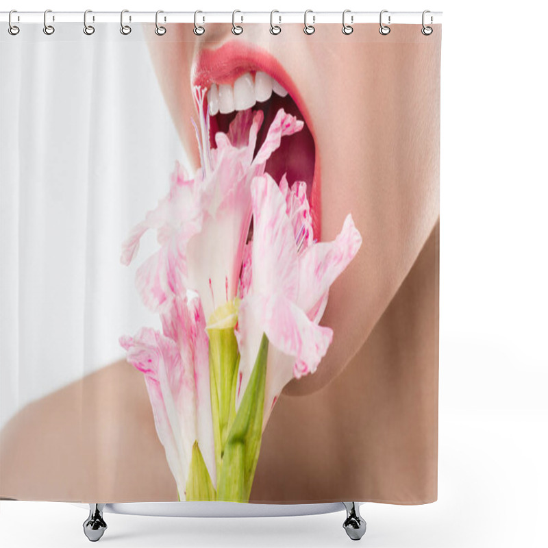 Personality  Close Up View Of Woman Biting Pink Flowers, Isolated On White Shower Curtains