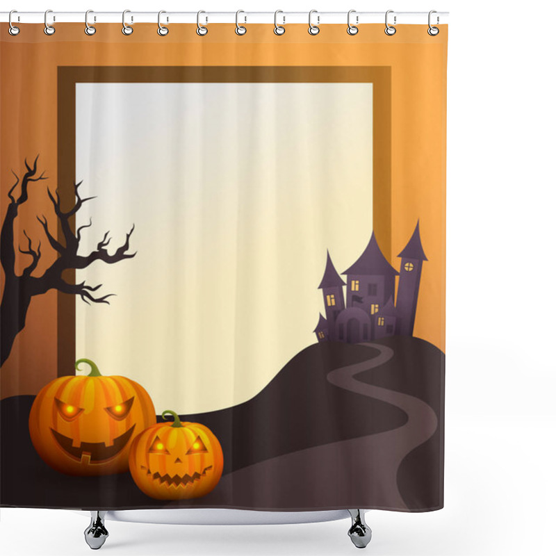 Personality  Halloween Photo Frame With Old Castle And Pumpkins Shower Curtains