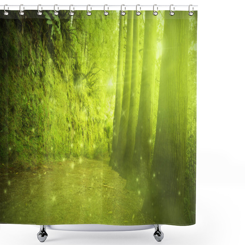 Personality  Beautiful View In A Mysterious Green Forest With Fairytale Light Shower Curtains