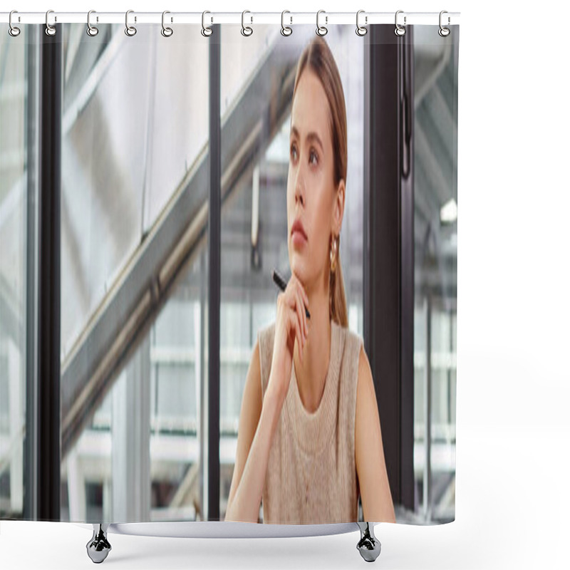 Personality  Young Woman In Smart Wear Sitting At Table Thinking And Working On Documents, Coworking, Banner Shower Curtains