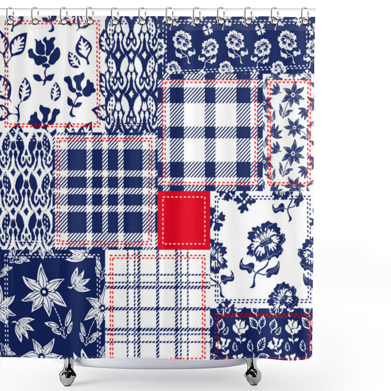 Personality  Blue, White, Red Patchwork. Textile Collage With Checkered And Floral Patterns.  Shower Curtains