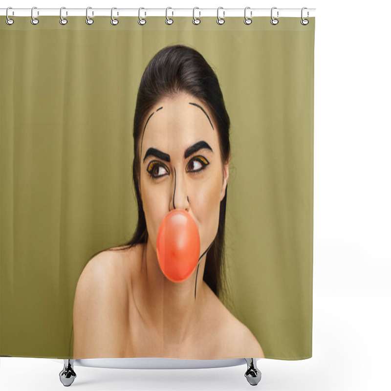 Personality  A Brunette Woman Wears A Clown Nose, Nose Ring, Pop Art Makeup, And Black Gloves. Shower Curtains