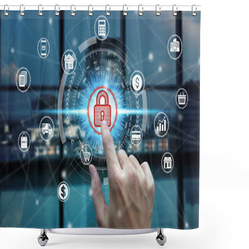 Personality  Businessman Touch Virtual Padlock Icon Over The Network Connecti Shower Curtains