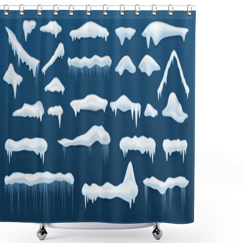 Personality  Winter Ice Caps. Piles Of Snow And Ice Icicles, White Snowcaps Roofs And Windows Decoration, Frozen Water Drops. Snowy Top Effect, Cold Season Template. Vector Snowdrift Isolated Set Shower Curtains