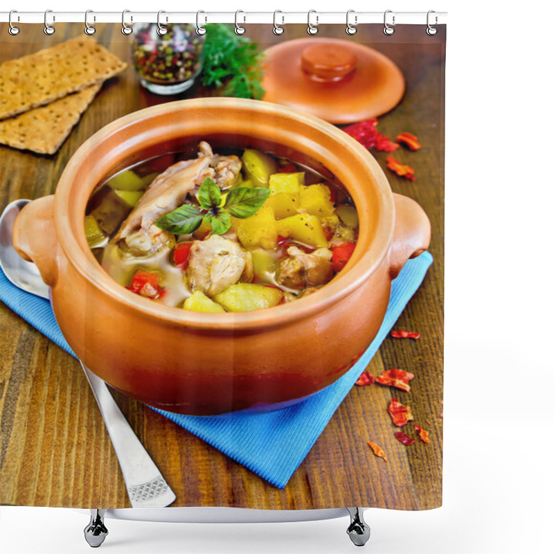 Personality  Roast Chicken In A Clay Pot On A Board Shower Curtains