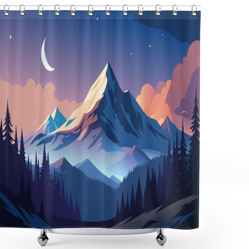 Personality  Peaceful Digital Illustration Of Snowy Mountains At Night With Starry Sky Shower Curtains