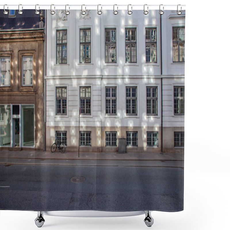 Personality  Road Sign And Bicycle Near Old Houses On Empty Street In Copenhagen, Denmark Shower Curtains