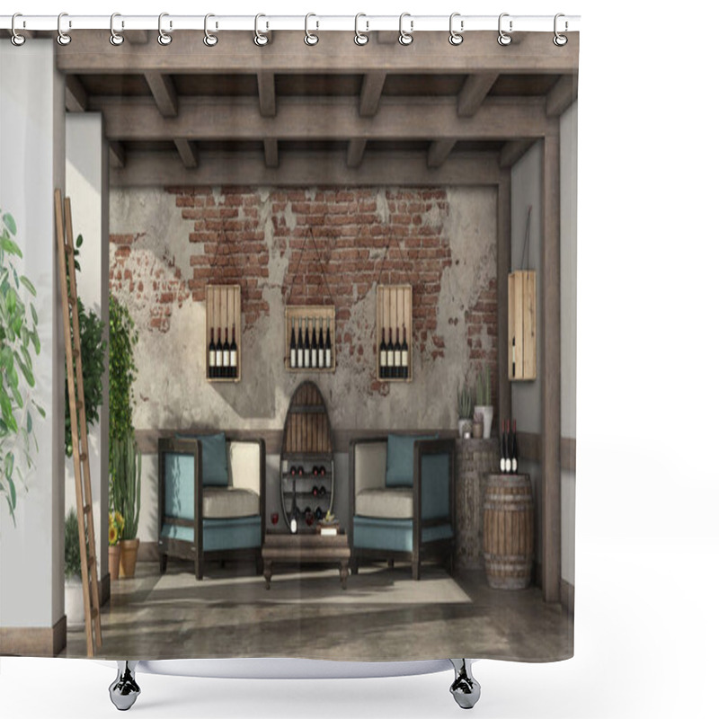 Personality  Rustic Veranda For Wine Tasting With Two Armchair,side Table,old Barrels And Wine Bottles - 3d Rendering Shower Curtains