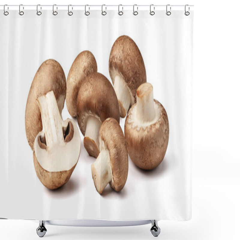 Personality  Two Fresh Mushrooms Champignons, One Whole And The Other Cut In Half Isolated On White Background With Clipping Path Shower Curtains