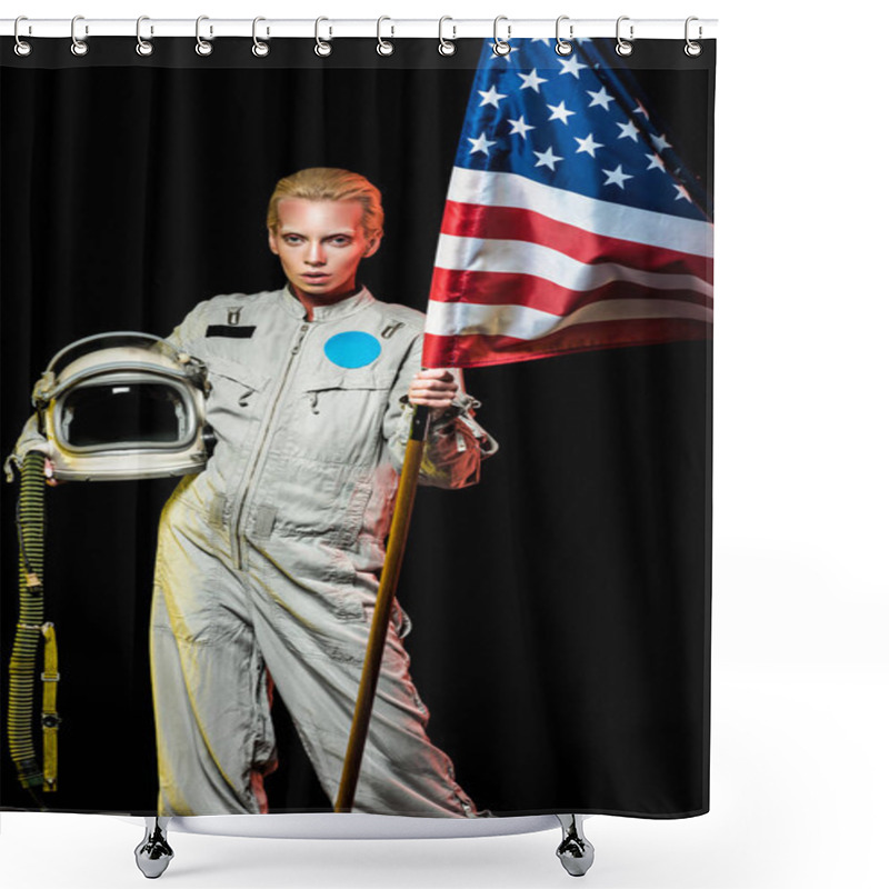 Personality  Beautiful Female Cosmonaut In Spacesuit Holding Helmet And Usa Flag, Isolated On Black Shower Curtains