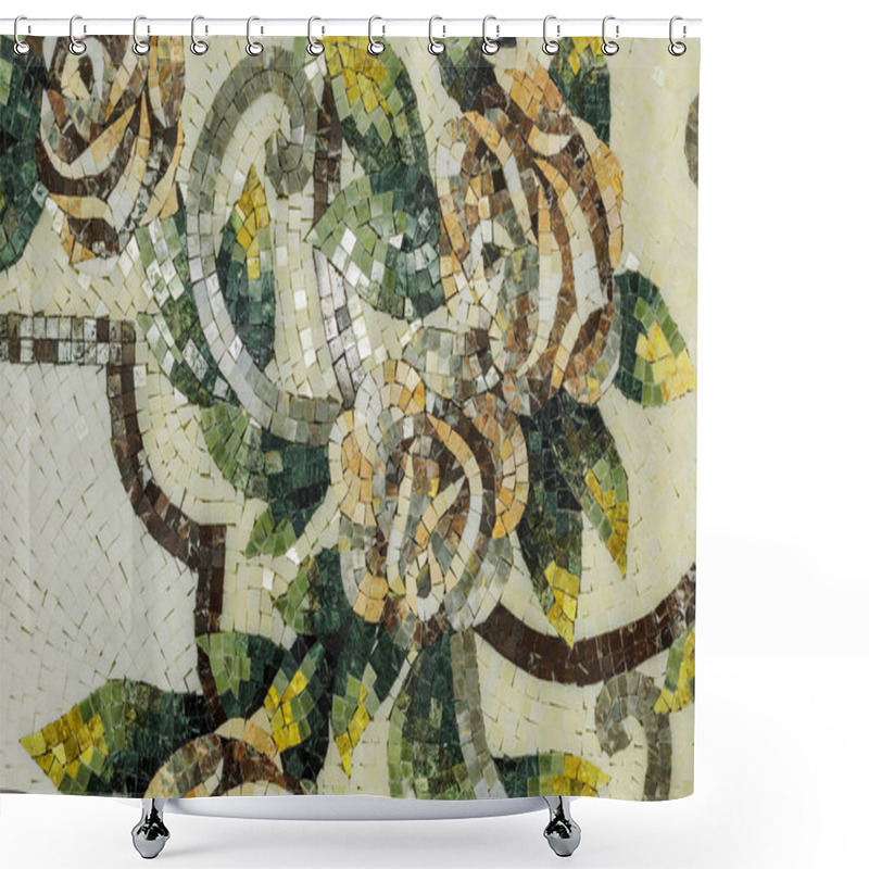 Personality  Detail Of A Beautiful Marble Mosaic Panel. Interior Marble Mosaic. A Piece Of Marble Venetian Mosaic As A Decorative Background .. Selective Focus Shower Curtains