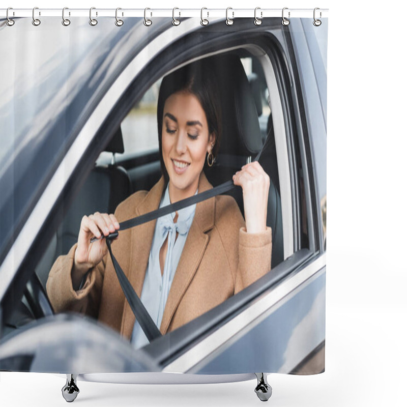 Personality  Stylish Woman In Autumn Outfit Putting On Safety Belt While Sitting In Car On Blurred Foreground Shower Curtains