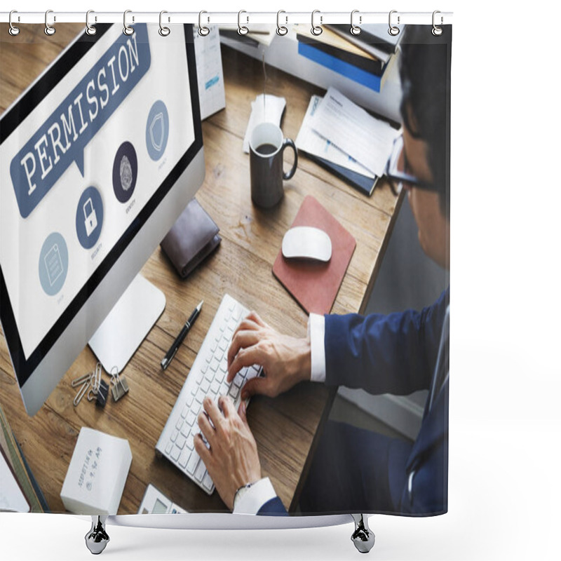 Personality  Businessman Using Computer In Office Shower Curtains