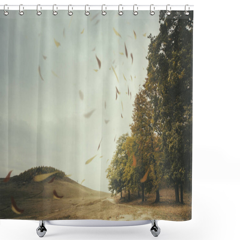 Personality  Autumn Landscape With Leaves Floating In The Wind At The Edge Of A Forest Shower Curtains