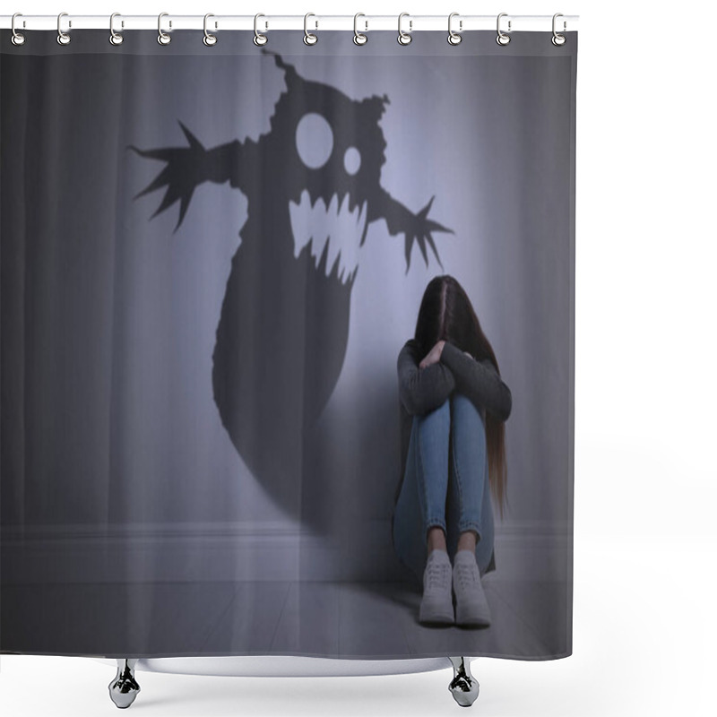 Personality  Shadow Of Monster On Wall And Scared Teenage Girl In Room Shower Curtains