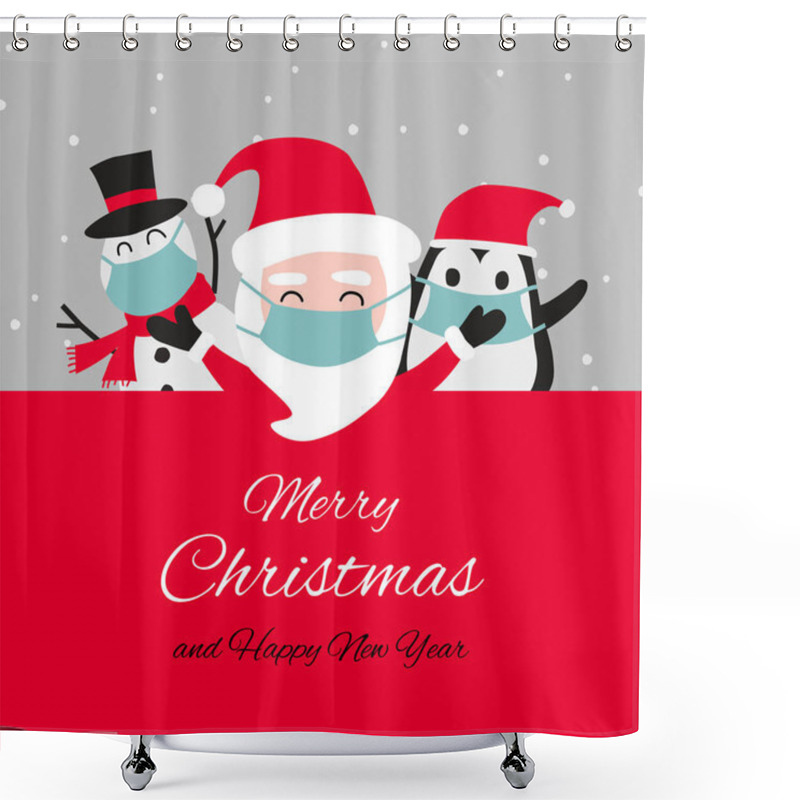 Personality  Snowman Penguin And Santa Cluas Are Happy Emotion And Wear Masks With Christmas Invitation Card Design Shower Curtains