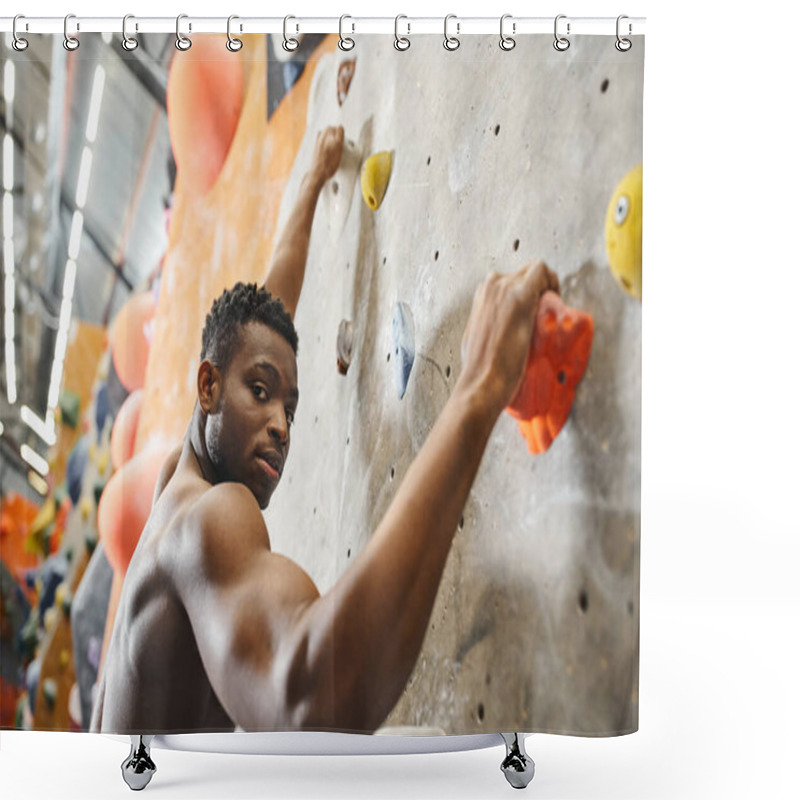 Personality  Good Looking Shirtless African American Man Gripping On Boulders And Looking Straight At Camera Shower Curtains